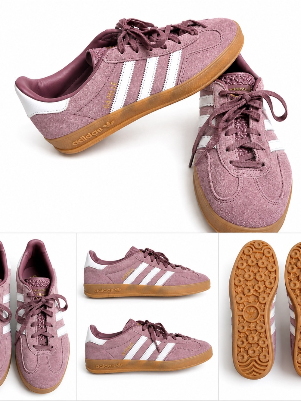 adidas Mauve Suede Sneakers with White Stripes and Gum Sole